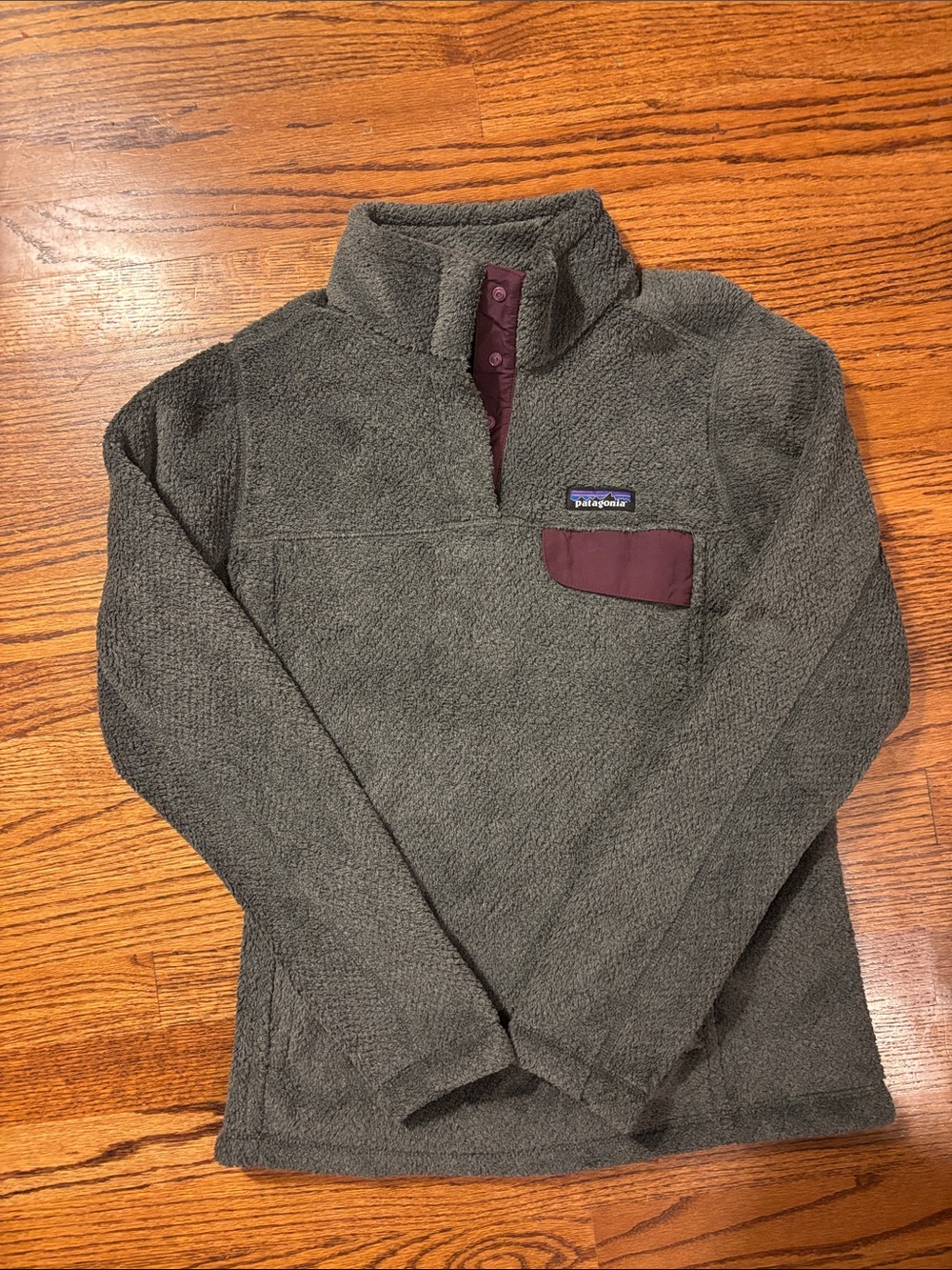 Patagonia Women Re-tool Fleece Snap Pullover Grey & Maroon Plum Pockets Sz M